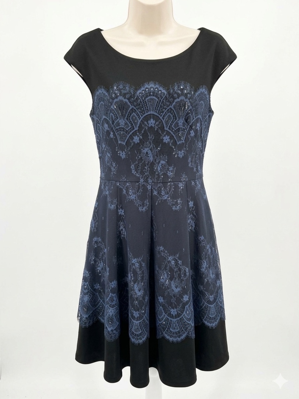 Tadashi Shoji Black Silver Lace Illusion Cap Sleeve Fit Flare Dress 10 EUC